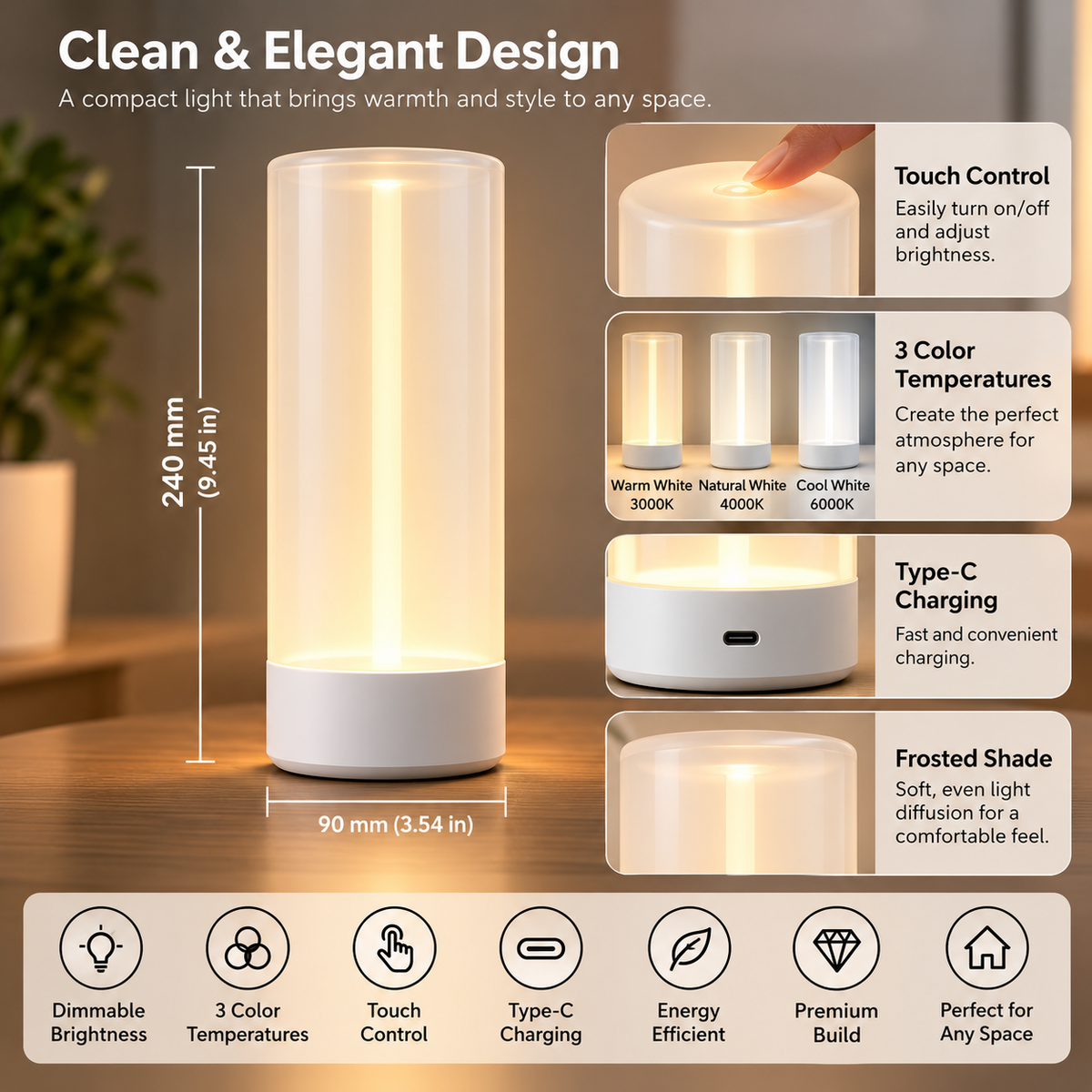 Green LED night light with cylindrical shape, 240mm tall, 90mm diameter, featuring touch control, 3 color modes, and minimalist style
