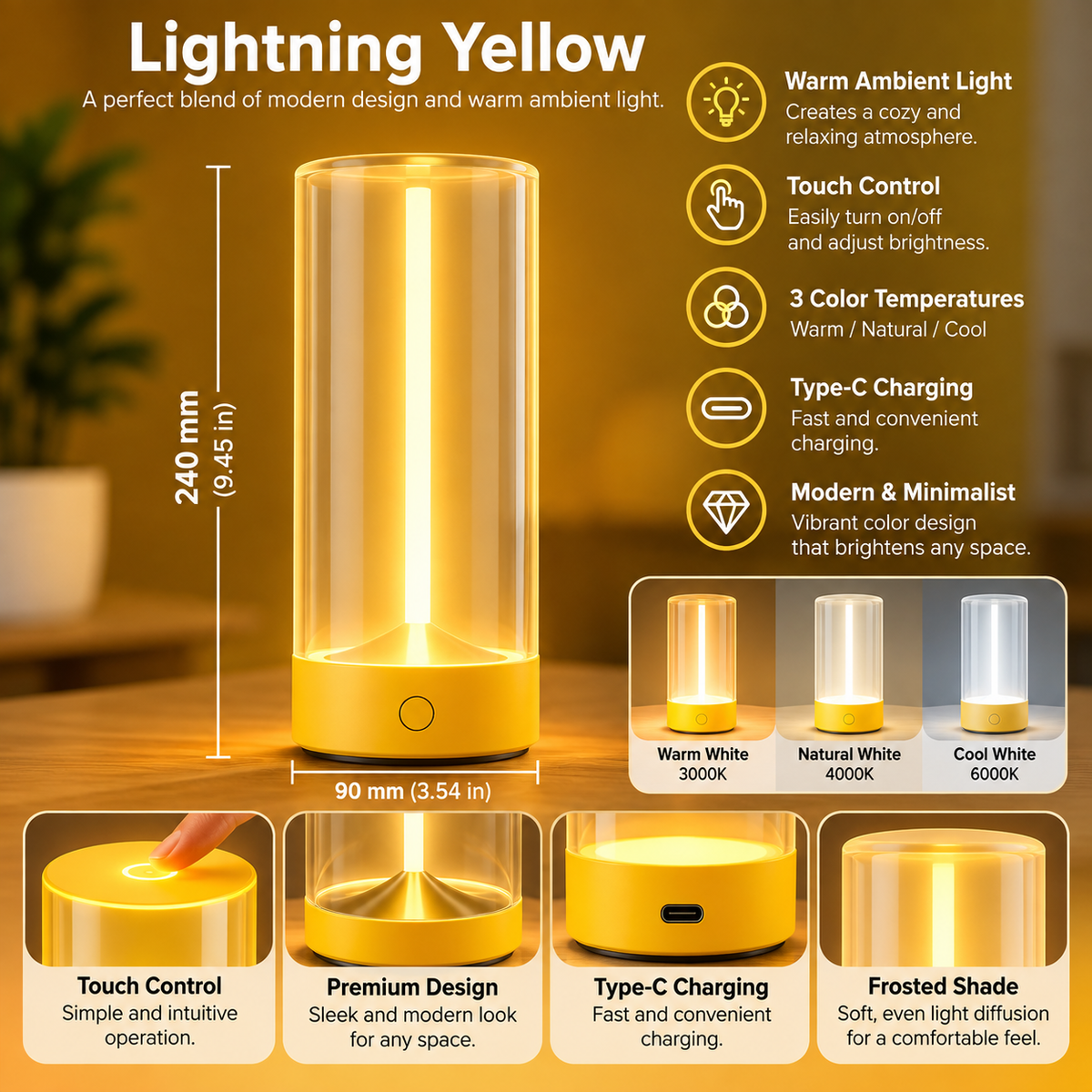 Yellow LED night light with sleek cylindrical design, 240mm height, 90mm diameter, offering warm ambient light, touch control, and 3 color temperatures