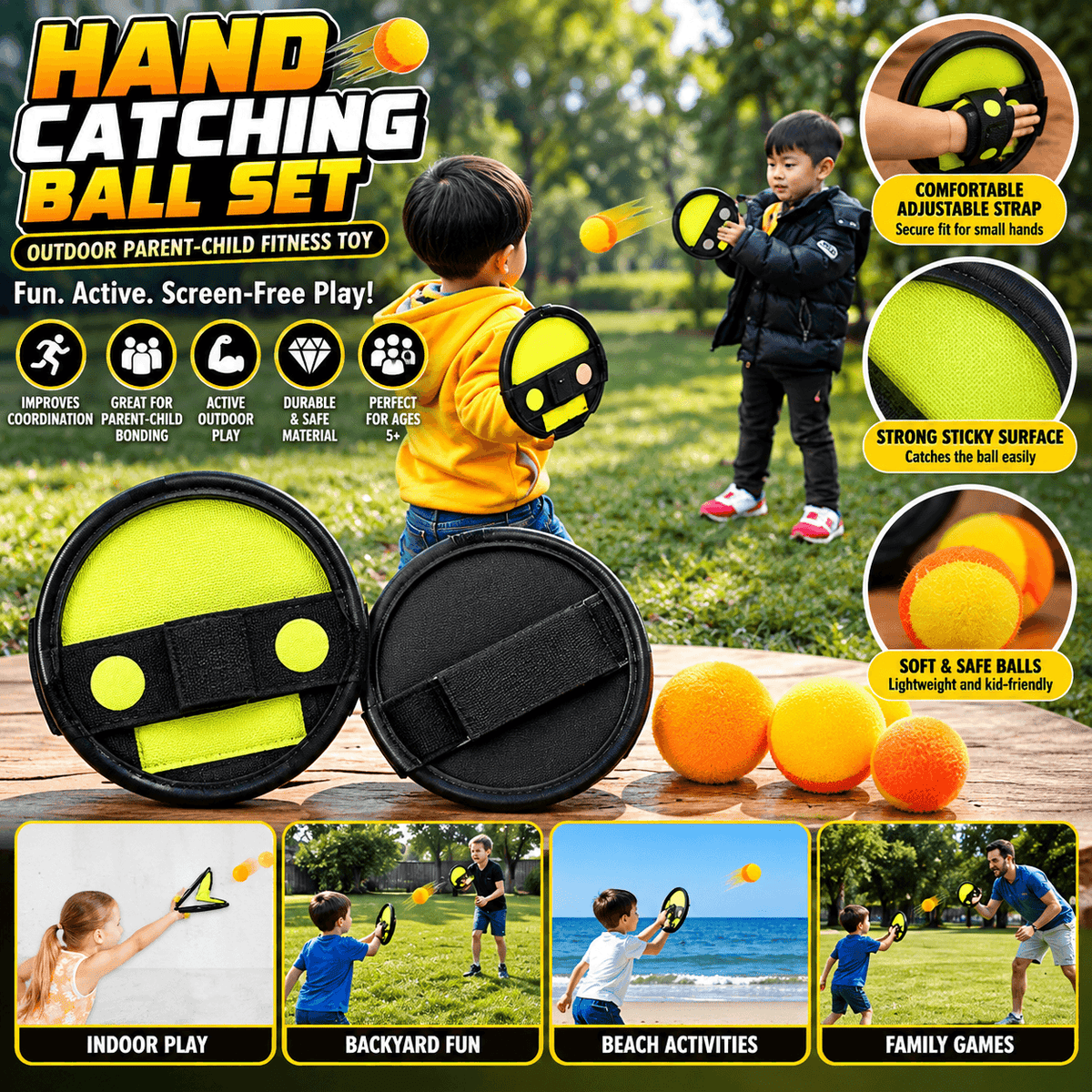 Outdoor family fun with children playing catch using hand catching ball game with yellow and black paddles and soft balls