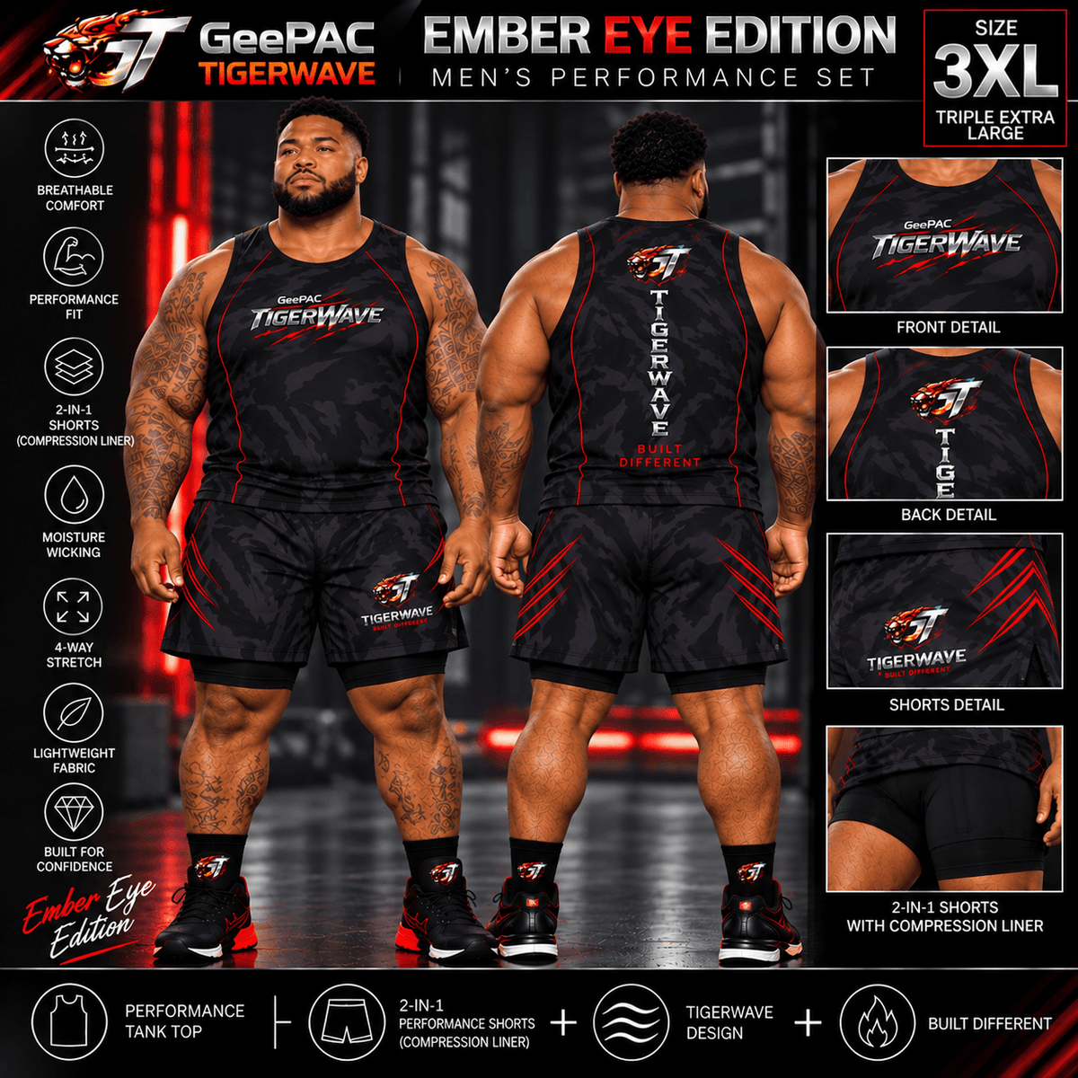Men's performance set featuring a black tiger-stripe sleeveless tank top and matching compression shorts with red accents, lightweight moisture-wicking fabric, and tigerwave design, SKU: GP-TW-EE-S