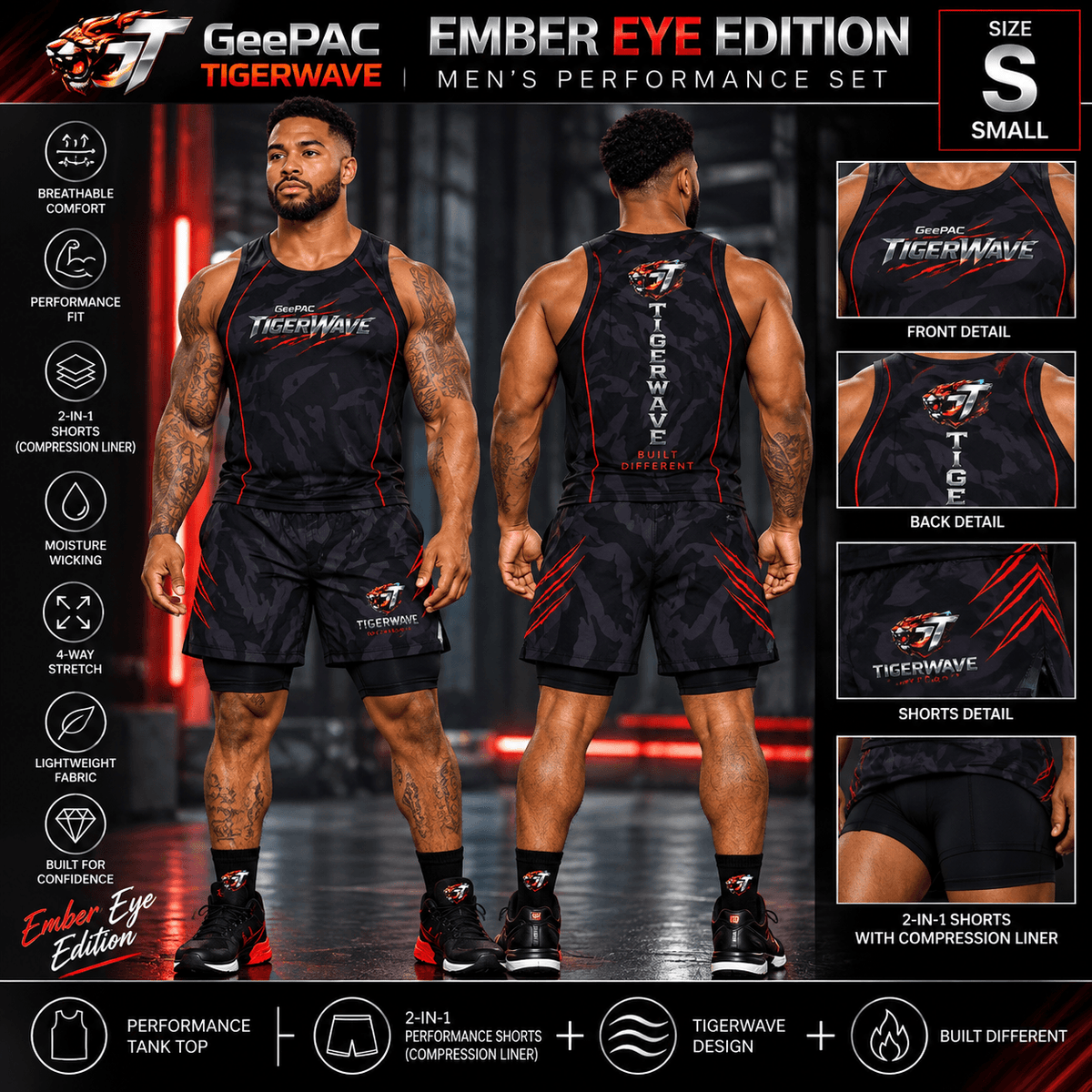 Men's performance activewear set in black with red tiger stripe accents, featuring sleeveless tank top and 2-in-1 shorts, moisture-wicking lightweight fabric, size small