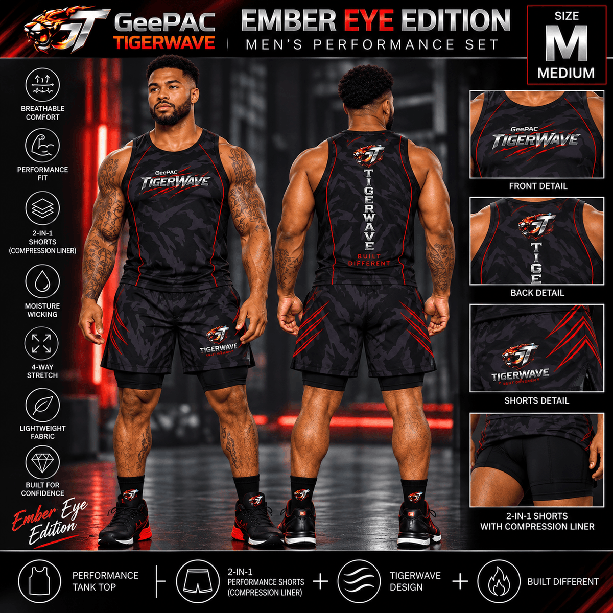 Men's performance activewear set with black tiger stripe pattern, red accents, sleeveless tank top, and compression shorts for gym