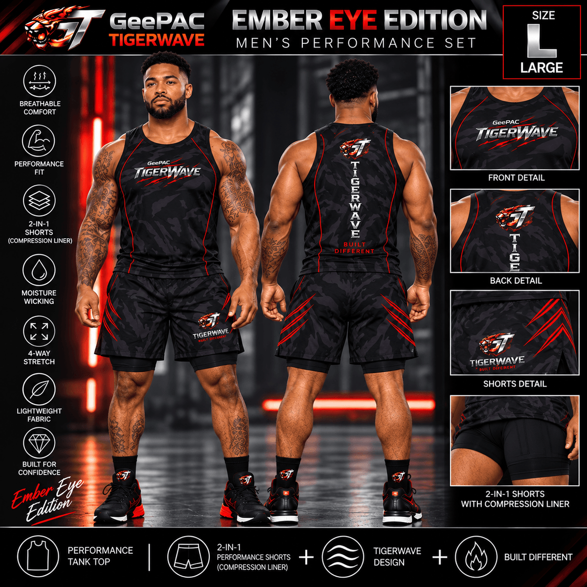 Men's performance activewear set featuring a black tiger-stripe sleeveless tank top and 2-in-1 compression shorts with red accents, lightweight moisture-wicking fabric, size large