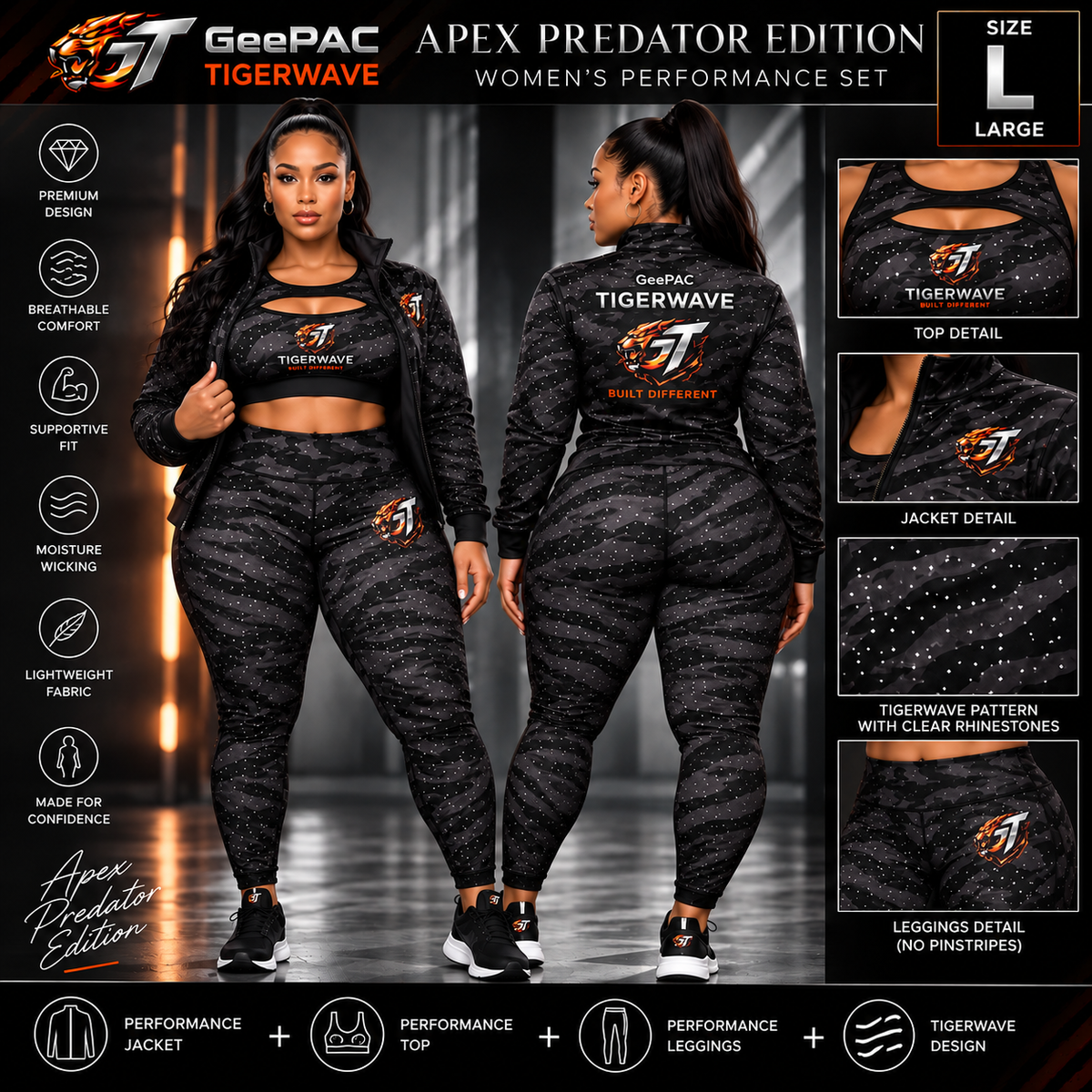 Women's black tiger stripe activewear set with rhinestone details, high-performance sports bra, leggings, and jacket, size large