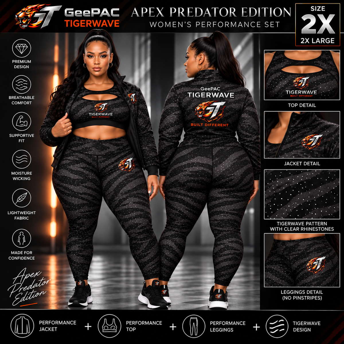 Women's black tiger stripe activewear set with rhinestone accents, featuring a sports bra, high-waist leggings, and a matching jacket, designed for performance and confidence - SKU: GP-TW-AP-S