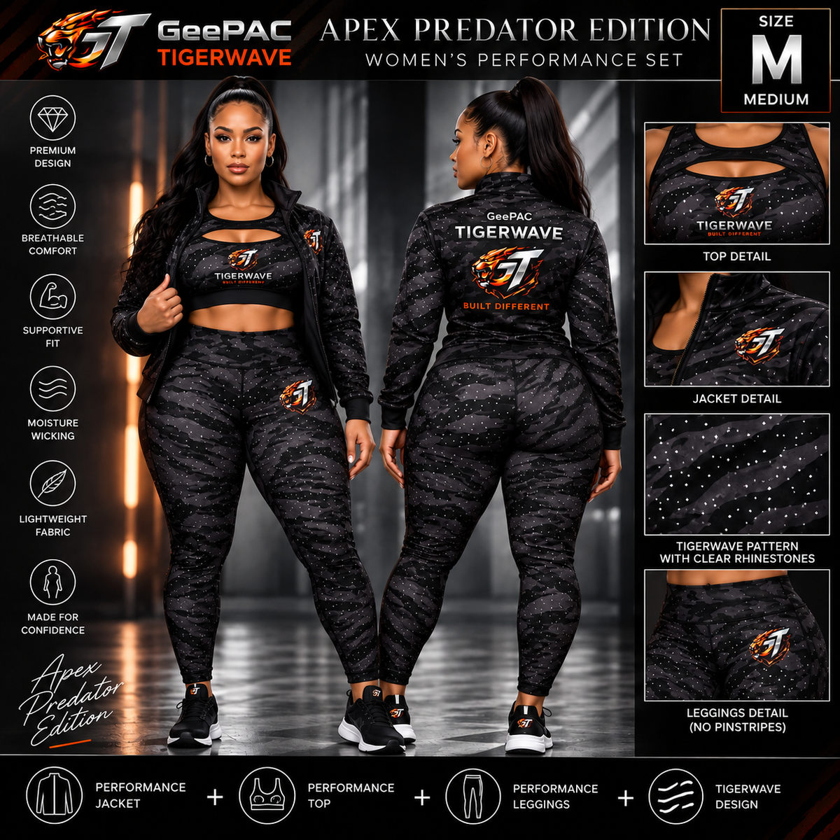 Women's black tiger stripe activewear set with rhinestone details, high-performance sports bra, leggings, and jacket, size medium
