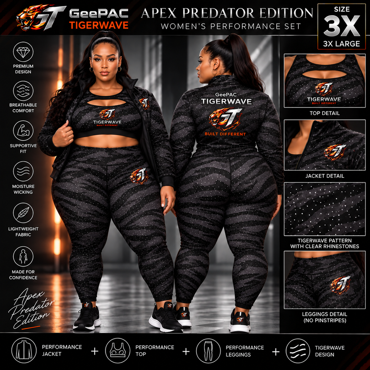 Black women's activewear set with tiger stripe pattern, performance sports bra, leggings, moisture-wicking lightweight fabric, supportive fit, built for confidence, SKU: GP-TW-AP-S
