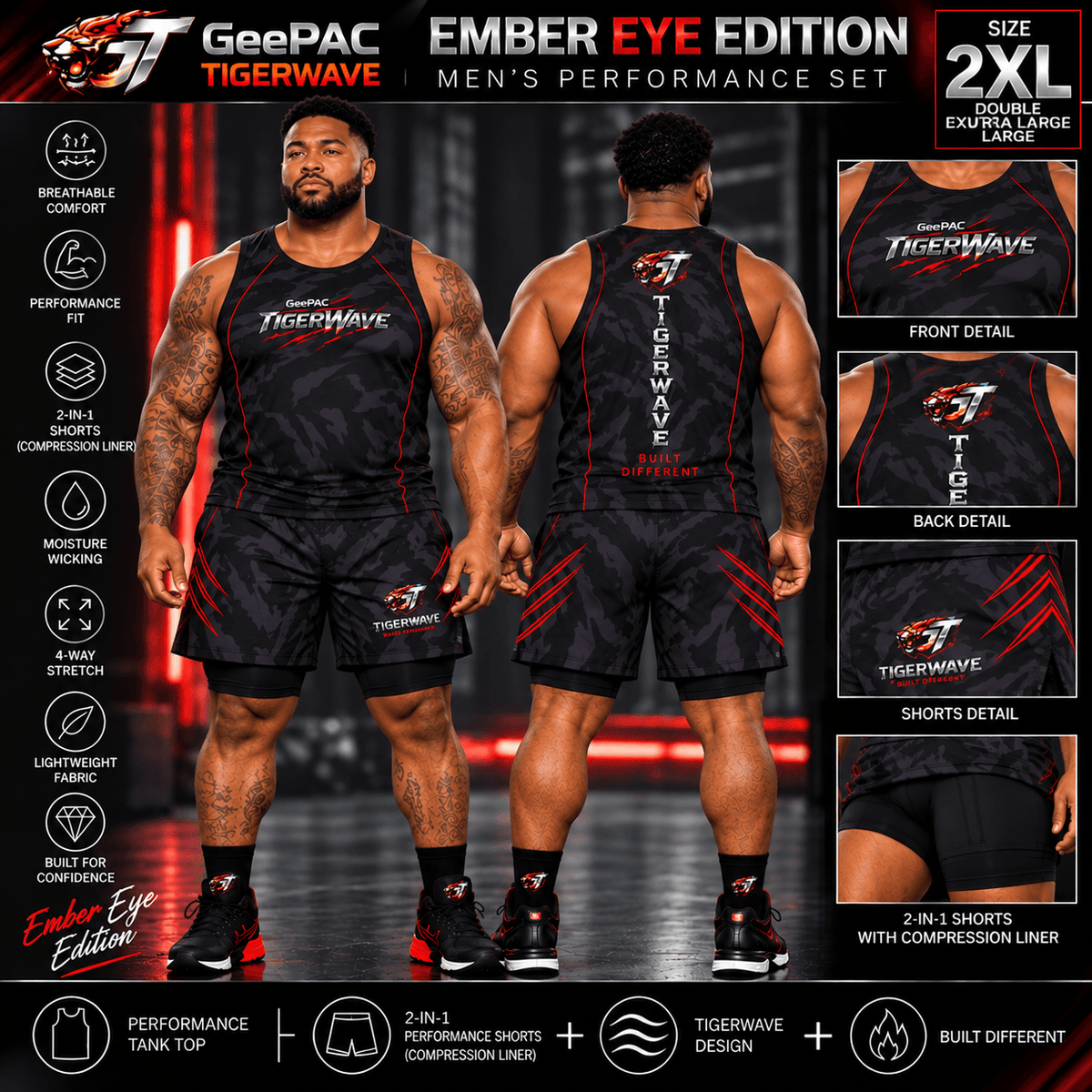 Men's performance activewear set in black tiger stripe pattern with red accents, sleeveless tank top and compression shorts for gym