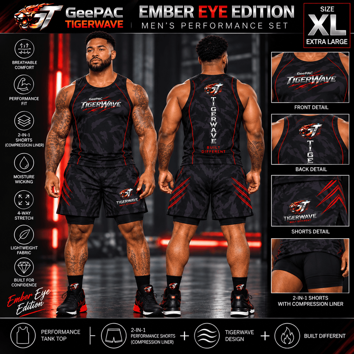 Men's performance athletic set in black with red tiger stripe accents, sleeveless tank top and 2-in-1 shorts, moisture-wicking fabric, extra large size