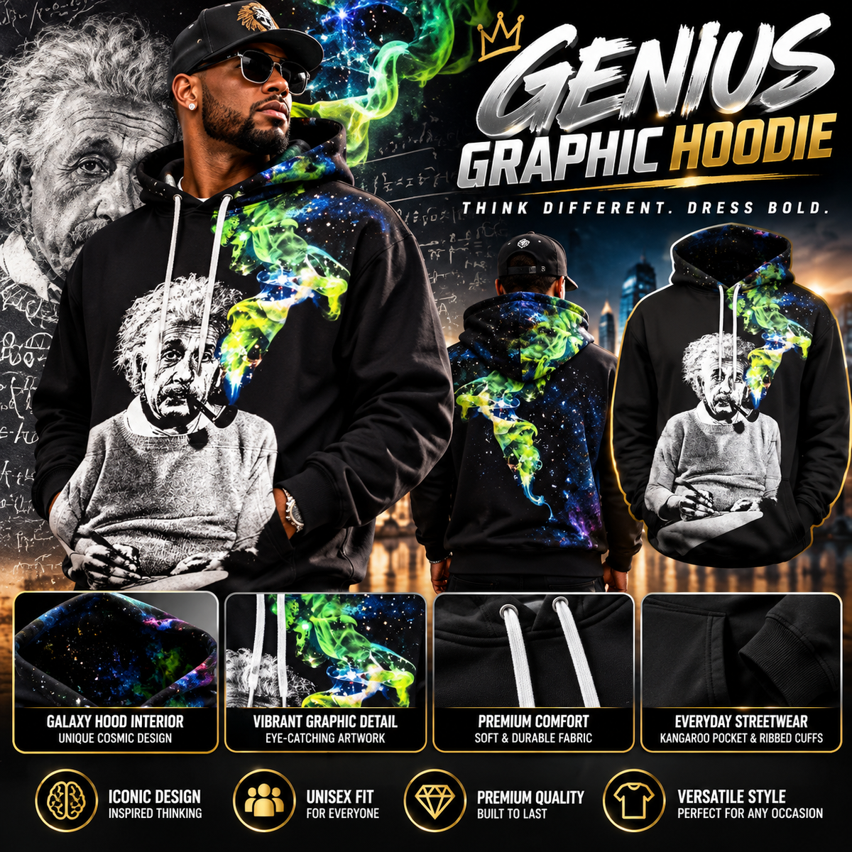 Unisex black hoodie featuring vibrant galaxy-inspired graphic detail with cosmic smoke design, drawstring hood, and kangaroo pocket