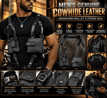 Product collage showing a black underarm wallet and phone bag worn with a shoulder harness and close-up pouch details
