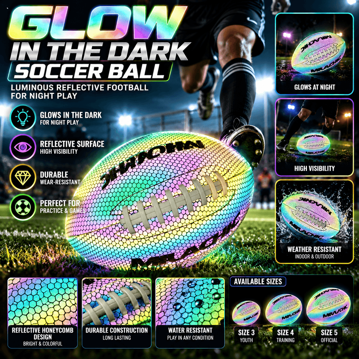 Luminous reflective soccer ball with honeycomb design glowing in vibrant colors, perfect for night play and outdoor sports