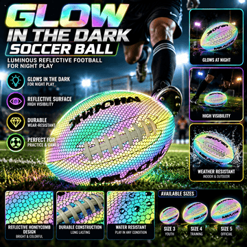 Luminous reflective soccer ball with honeycomb design glowing in vibrant colors, perfect for night play and outdoor sports