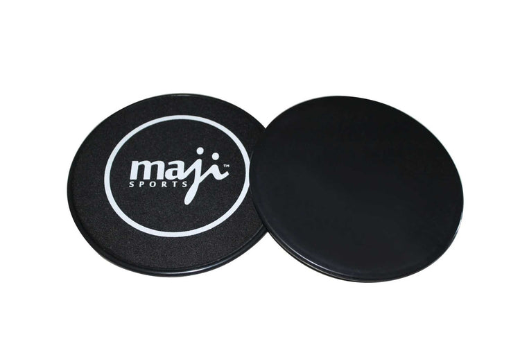 Pair of round black workout sliders, one with logo and white circle, smooth surface, fitness equipment