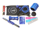 Assorted blue exercise equipment, including resistance bands, foam rollers, massage stick, and sliders