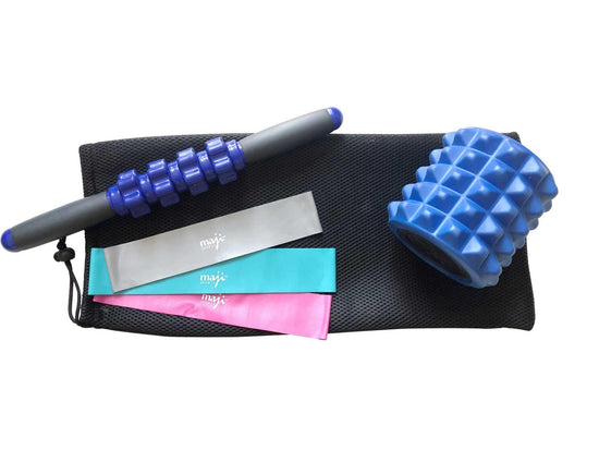 Blue foam roller, massage stick, and colored resistance bands on black mesh bag