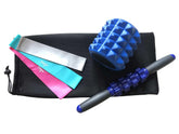 Black mesh gym bag with blue textured foam roller, massage stick, and resistance bands in pink, blue, and gray.