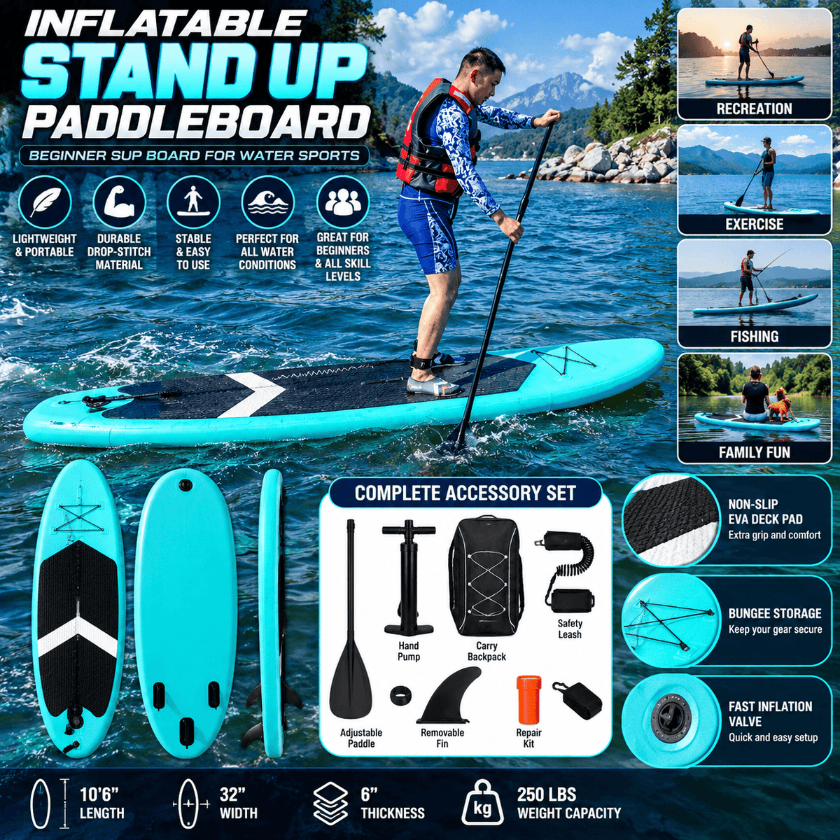 Inflatable stand up paddleboard in vibrant mint color with non-slip EVA deck pad, bungee storage, and complete accessory set for water sports