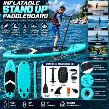 Inflatable stand up paddleboard in vibrant mint color with non-slip EVA deck pad, bungee storage, and complete accessory set for water sports