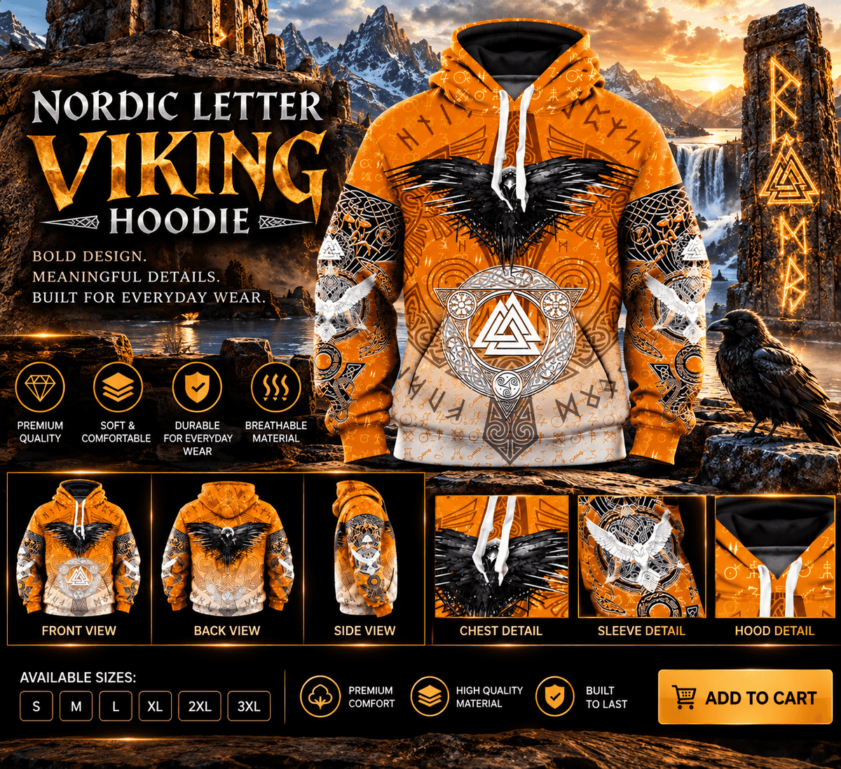 Viking graphic pullover hoodie collage showing the design and details
