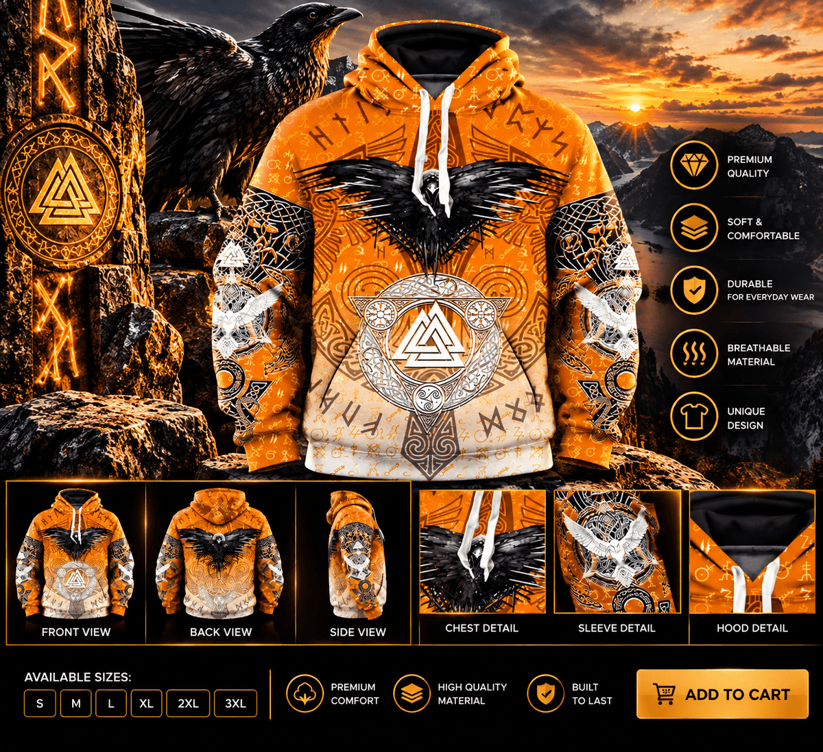 Orange and gray Viking graphic pullover hoodie shown in a product collage
