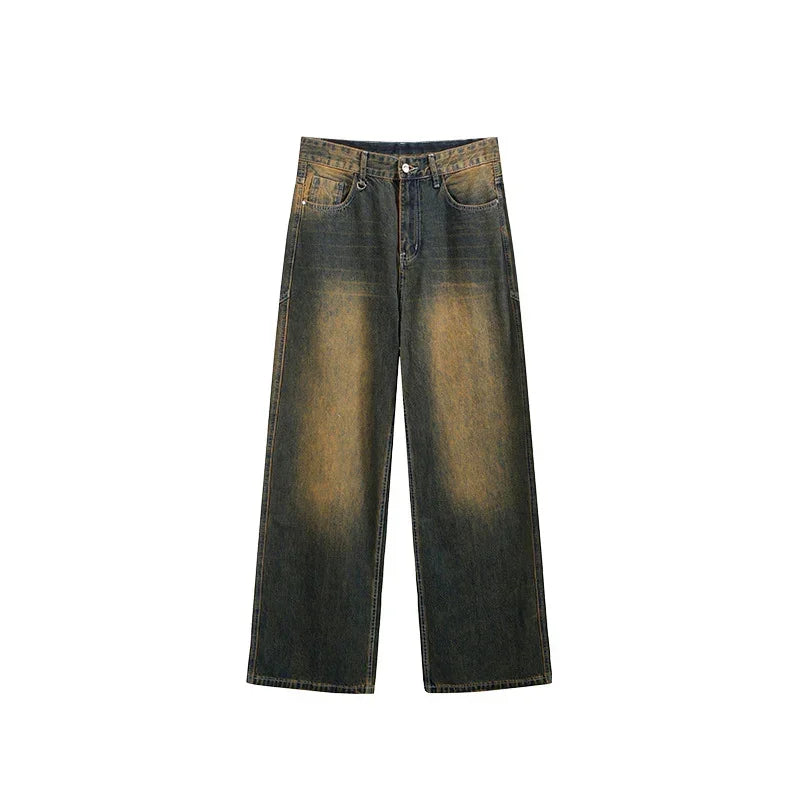 Wide leg jeans in faded black denim with vintage wash and relaxed straight fit