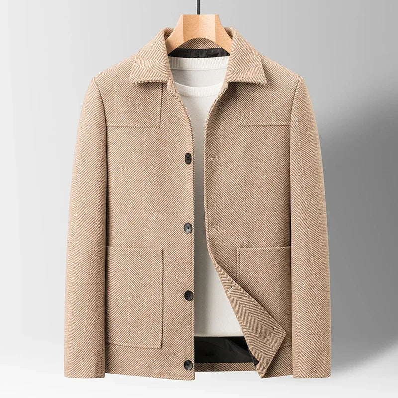 Beige herringbone wool jacket with button front, relaxed fit, and front patch pockets