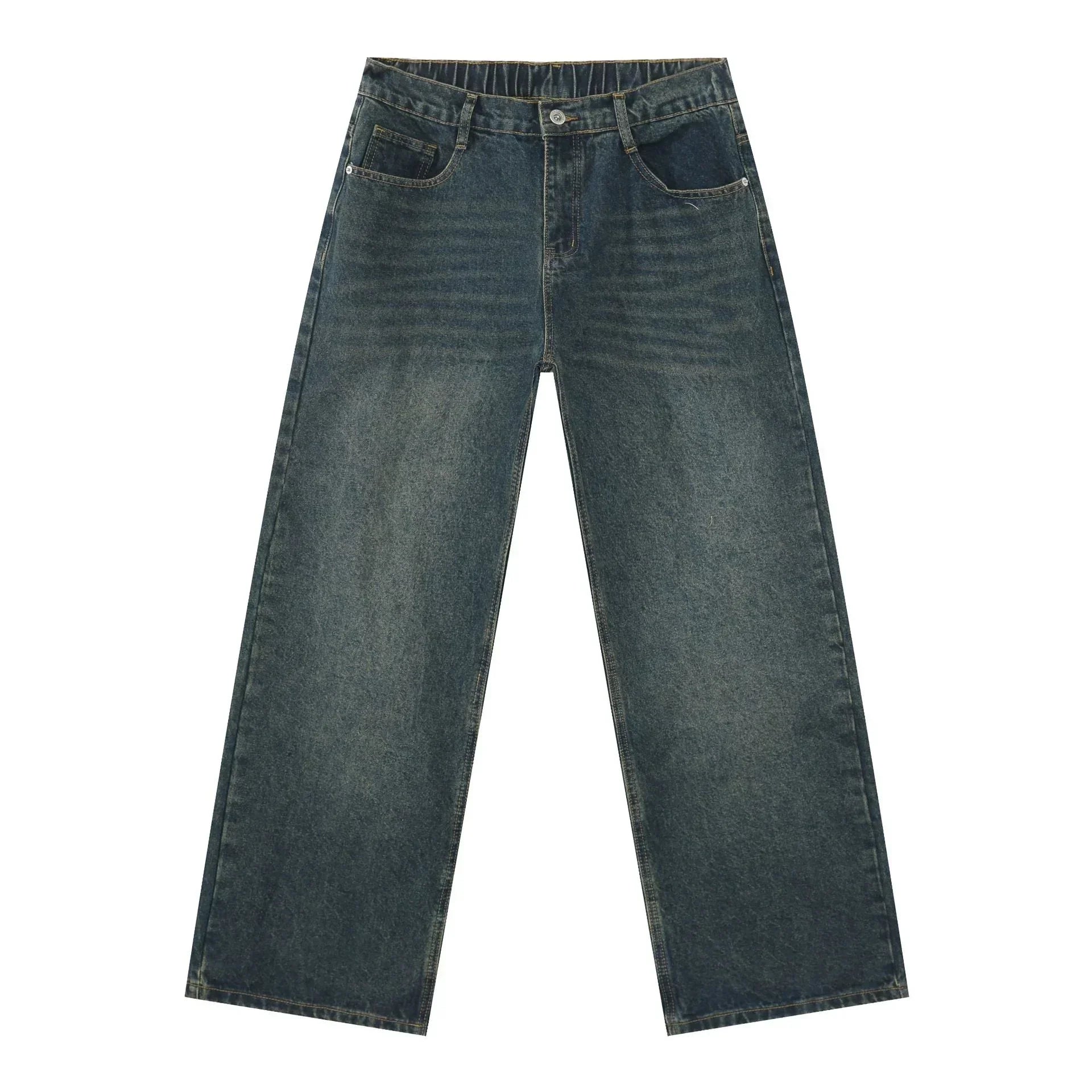 Wide-leg straight denim jeans in dark blue wash, relaxed fit, classic five-pocket style