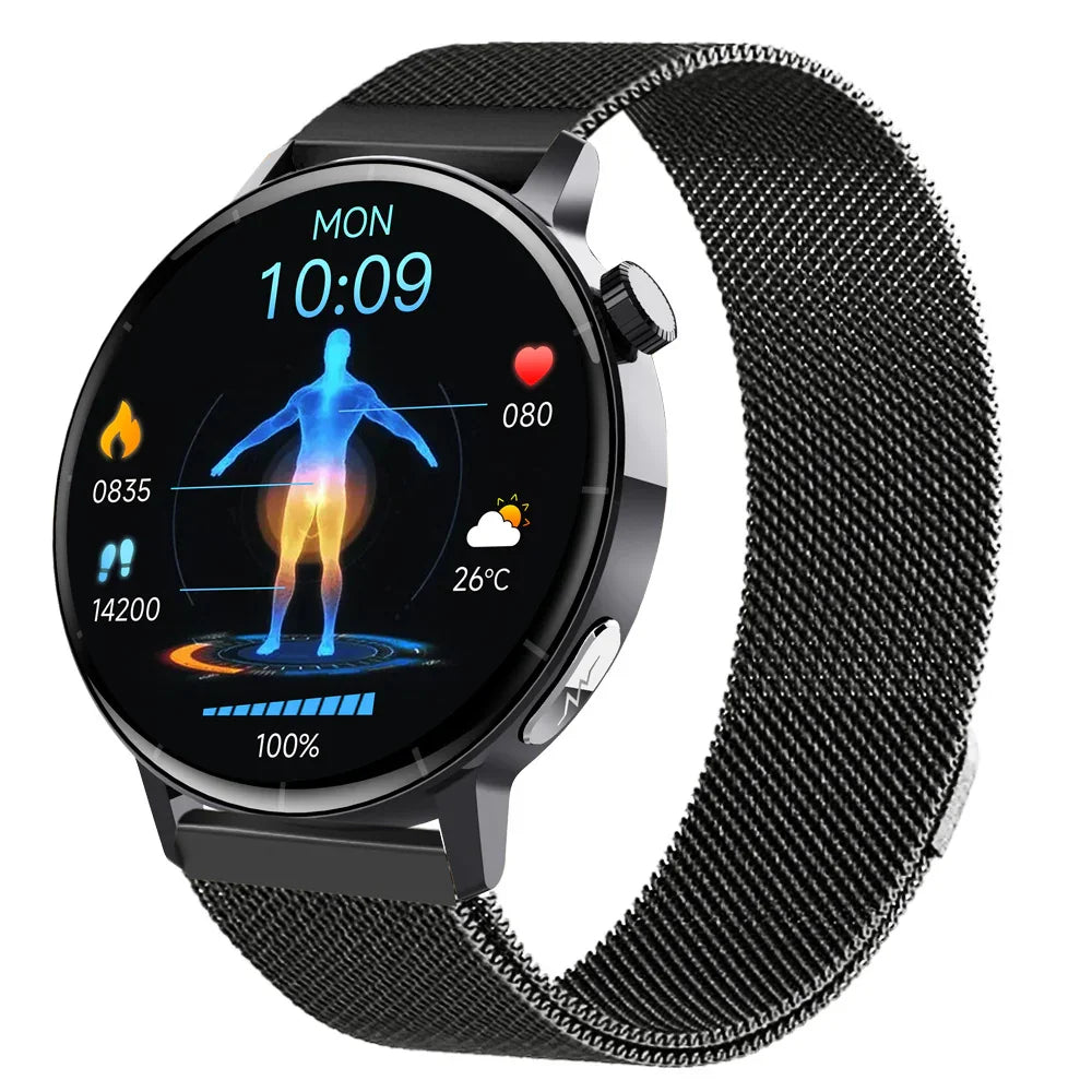 Black mesh band smartwatch with round touch screen, fitness and health tracking display
