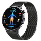 Black mesh band smartwatch with round touch screen, fitness and health tracking display