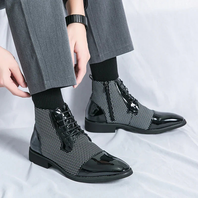 Black and white checkered lace-up ankle boots with glossy leather, paired with gray trousers
