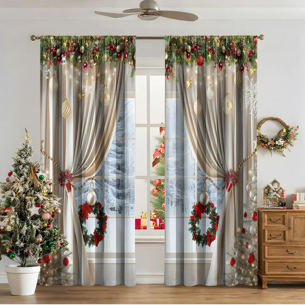 Festive Christmas curtains with gold and silver patterns, wreaths, and ornament accents, hung in a cozy living room with holiday decorations.