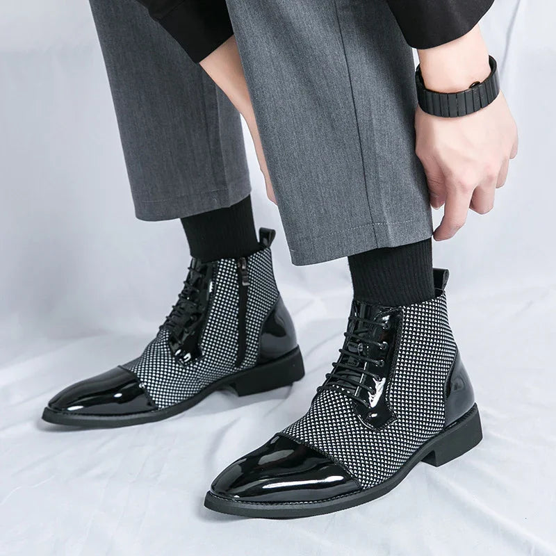Modern black and white houndstooth ankle boots with glossy patent leather and lace-up design.