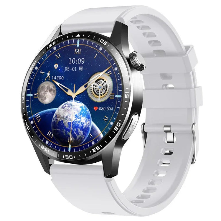 Futuristic smartwatch with round black bezel, detailed blue earth dial, and white silicone band
