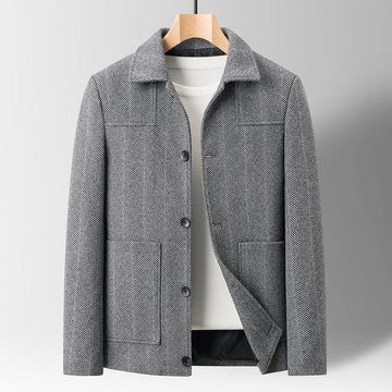Men's grey herringbone wool jacket with button closure, tailored fit, and front pockets