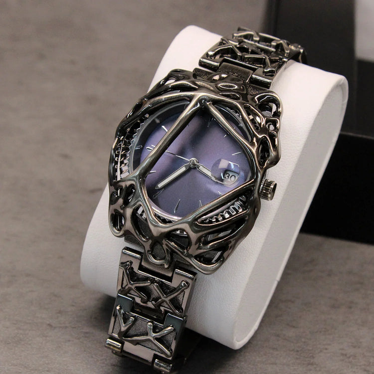 Futuristic streetwear watch with metallic skeleton frame, purple dial, and intricate chain strap