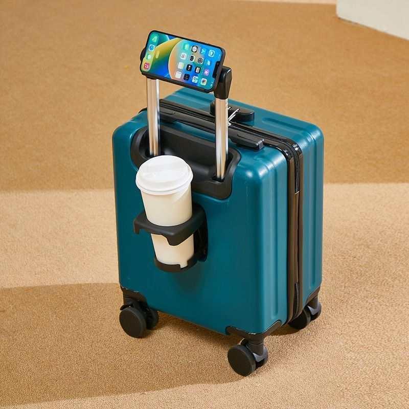 Blue hard-shell carry-on suitcase with cup holder and phone mount on telescopic handle