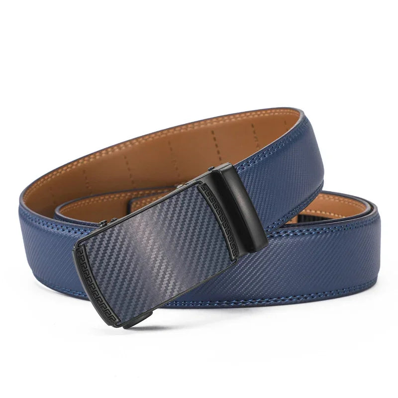 Blue leather belt with carbon fiber textured buckle and stitched edges, modern streetwear accessory
