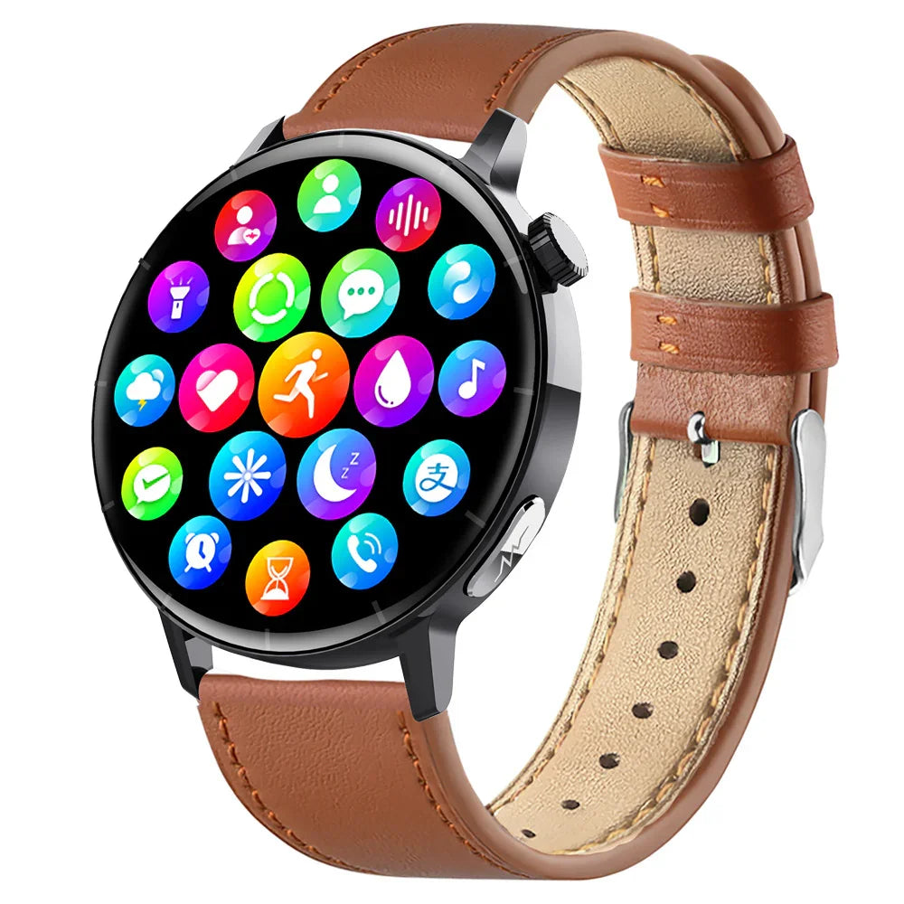 Smartwatch with round black display, colorful app icons, and brown leather strap