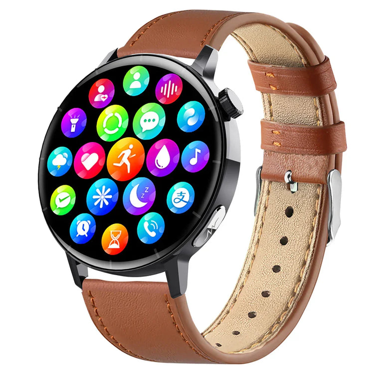 Smartwatch with round black display, colorful app icons, and brown leather strap