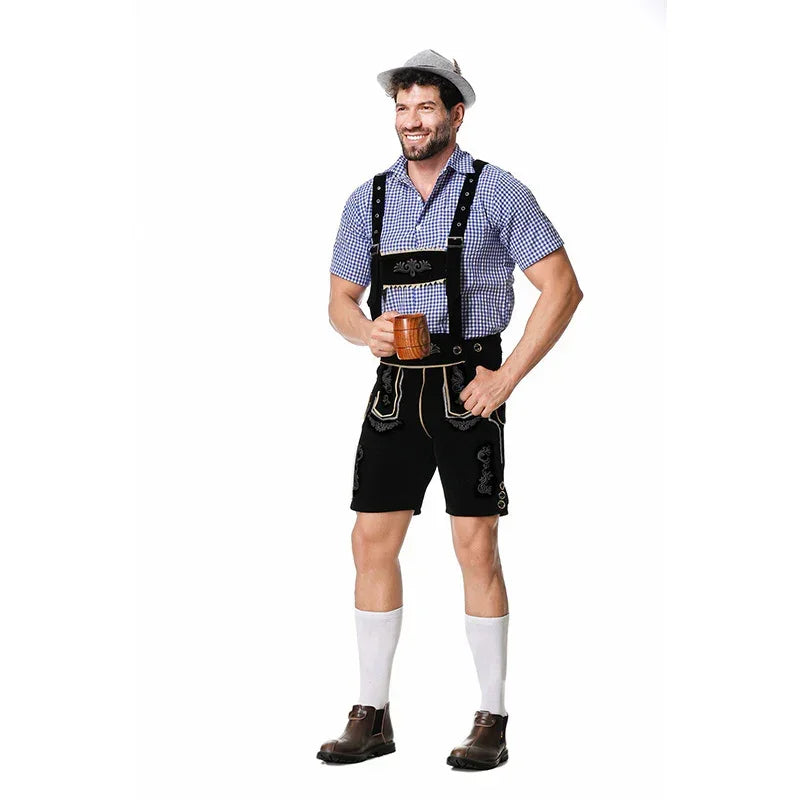 Man wearing traditional lederhosen with blue checkered shirt, white knee socks, and a grey hat