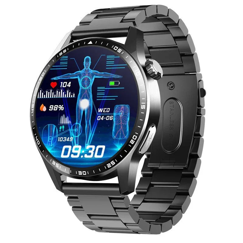 Black stainless steel smartwatch with digital health tracking display, modern tech style