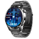 Black stainless steel smartwatch with digital health tracking display, modern tech style