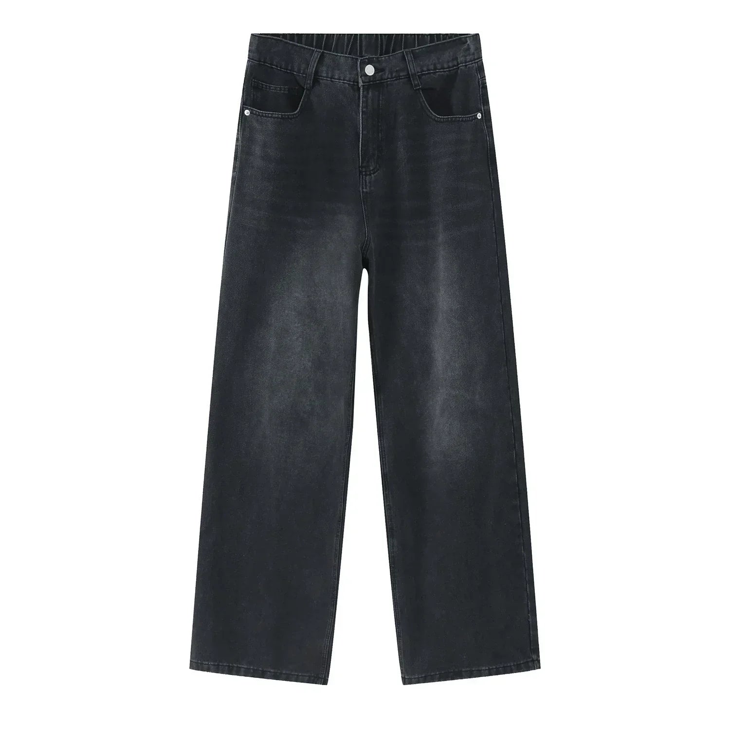 Black wide leg denim jeans with washed finish and relaxed fit, casual streetwear style