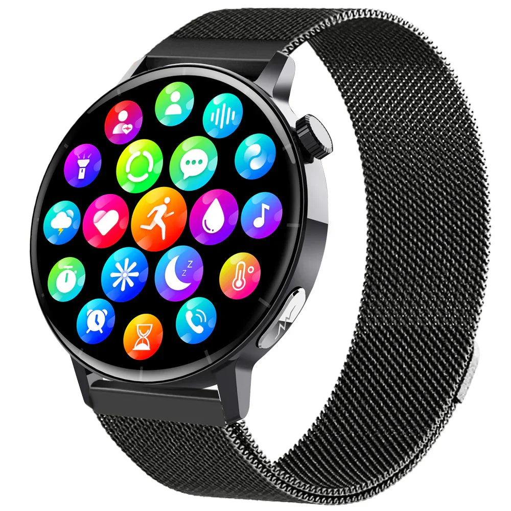 Black mesh band smartwatch with round display and colorful app icons