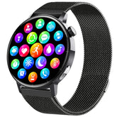 Black mesh band smartwatch with round display and colorful app icons