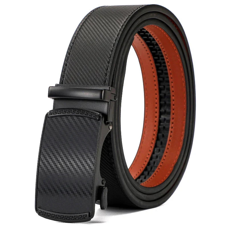Black carbon fiber texture ratchet belt with automatic buckle and brown inner lining