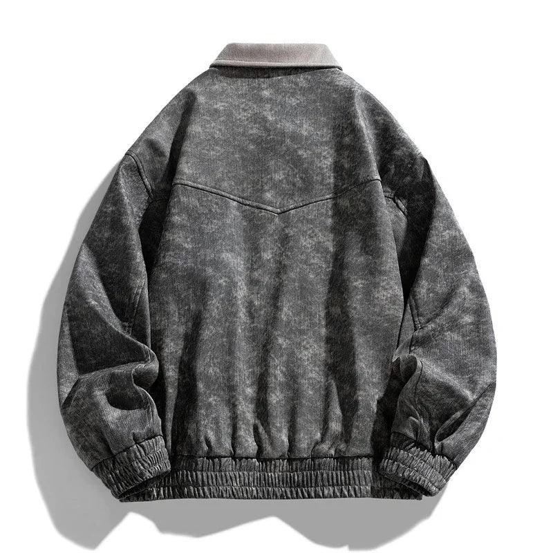 Washed black oversized bomber jacket with elastic cuffs and hem, relaxed streetwear fit