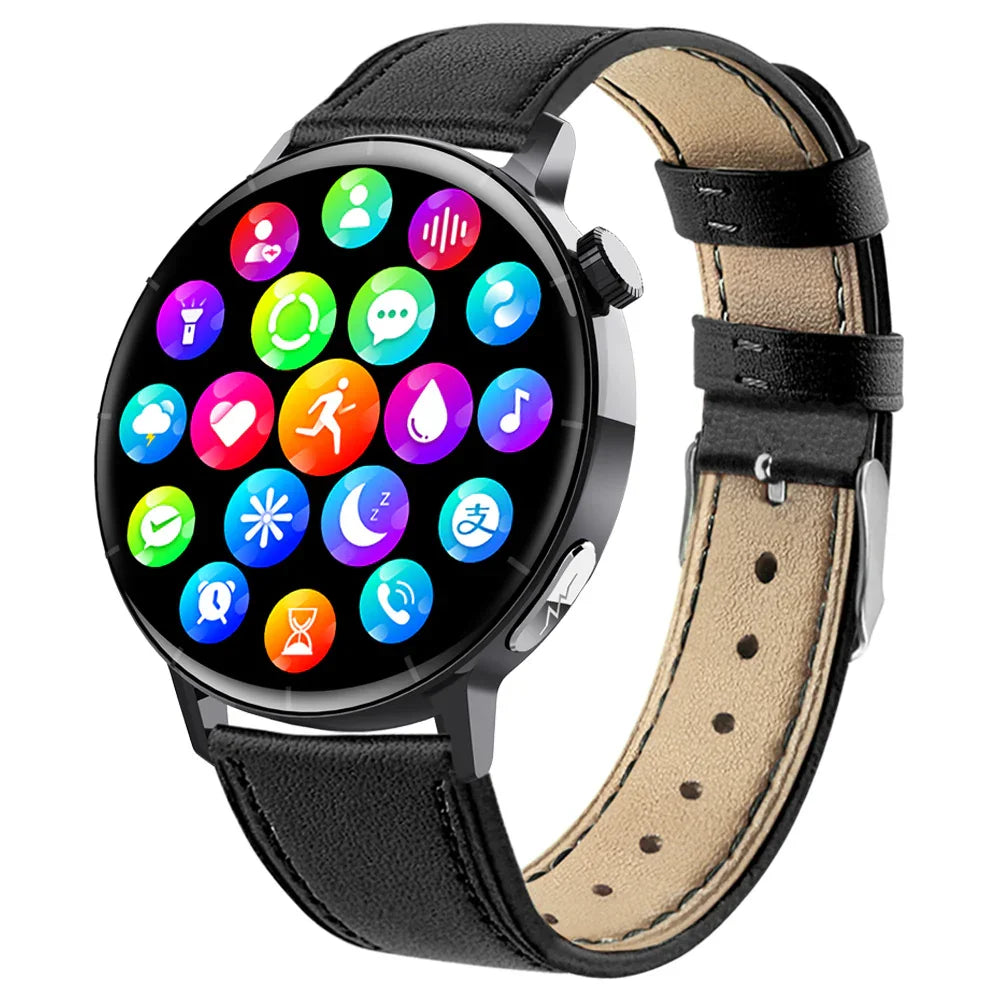 Modern black leather strap smartwatch with round touchscreen and colorful app icons