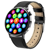 Modern black leather strap smartwatch with round touchscreen and colorful app icons
